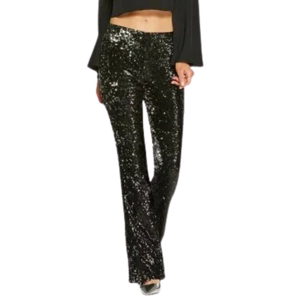 NWT Jessica Simpson Pull On Flare Pants in Black Sequin